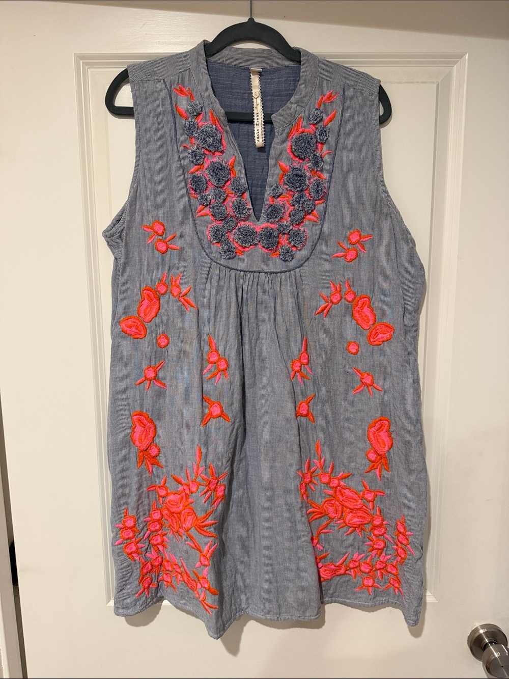 Uncle Frank Denim Blue Embroidered Vest with Neon Pink and Bright Orange